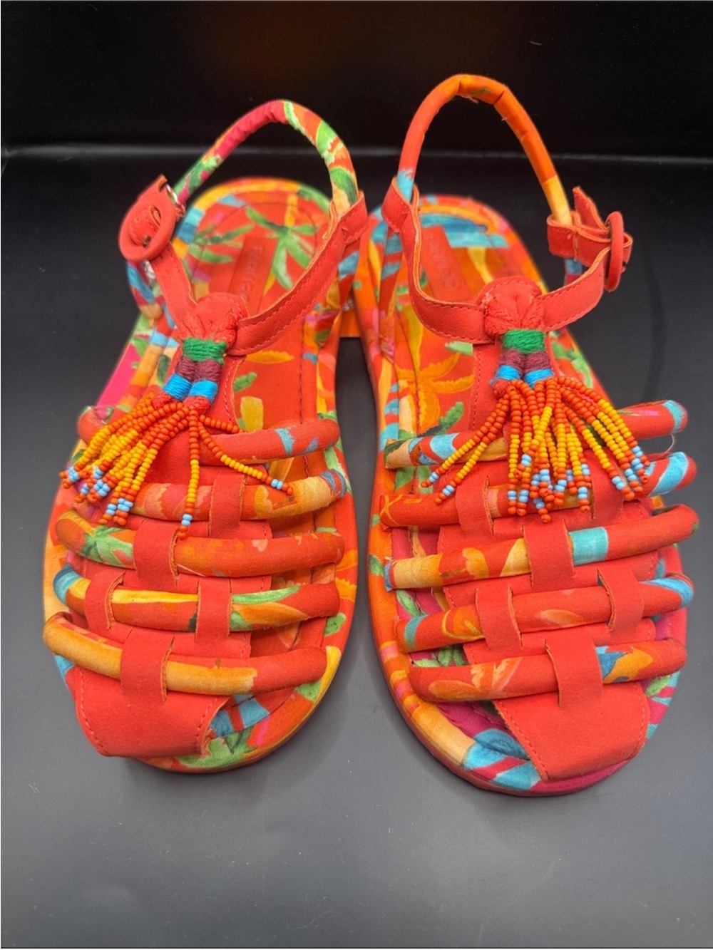 FARM Rio Red Orange Multi Beaded Tassel Woven Sandals 8